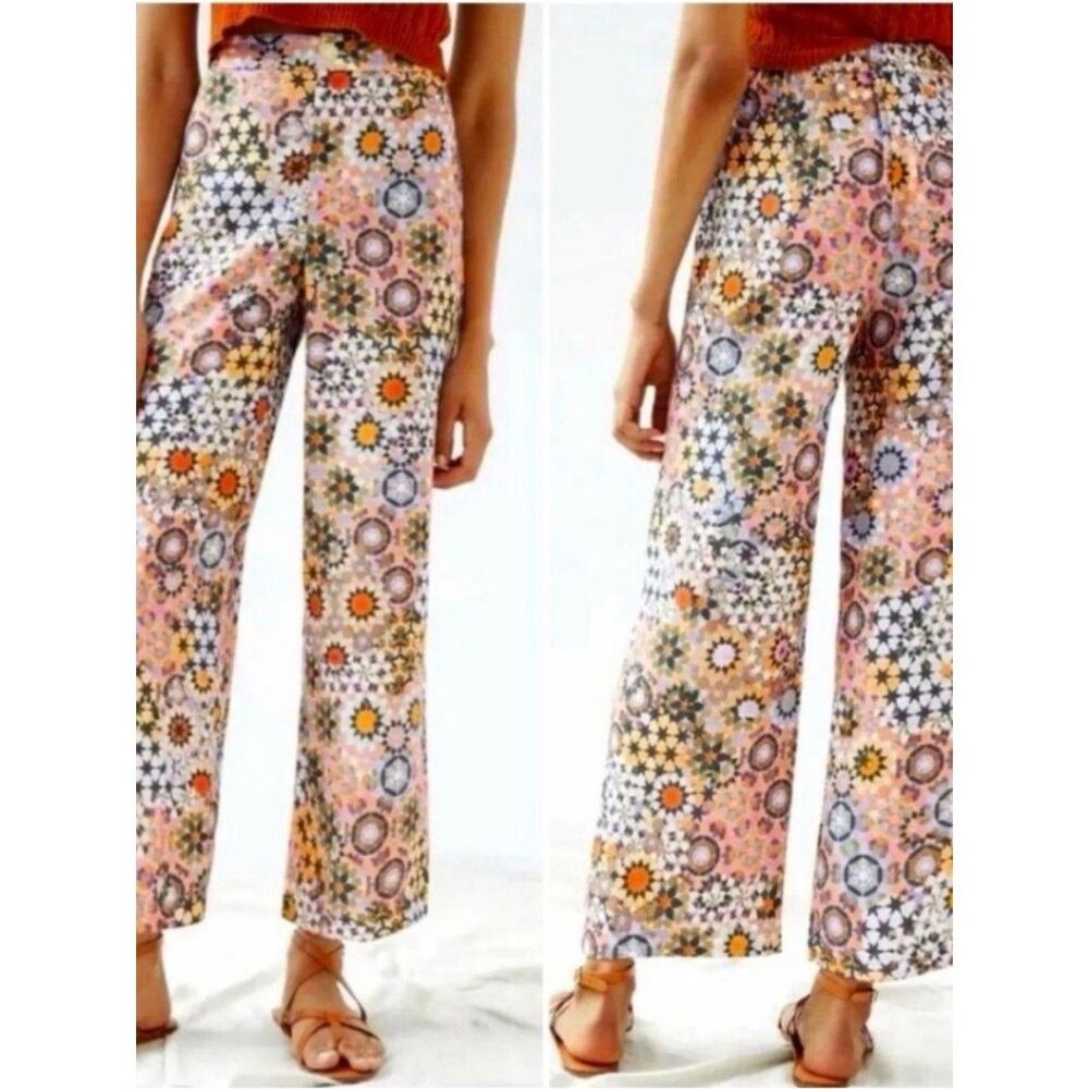 Anthropologie Floral Mosaic Wide-Leg Pants in Orange, Pink, Blue and Green